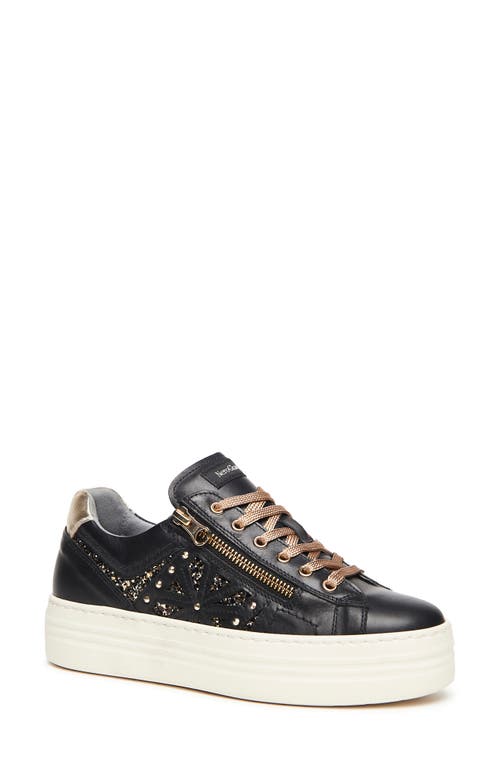 NeroGiardini Side Zip Sparkle Platform Sneaker in Black 