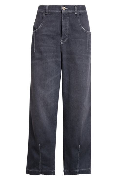 Pintuck Stretch Denim Wide Leg Pants