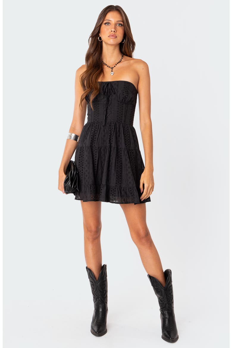 Liora Strapless Embroidered Eyelet Cotton Minidress, Alternate, color, BLACK