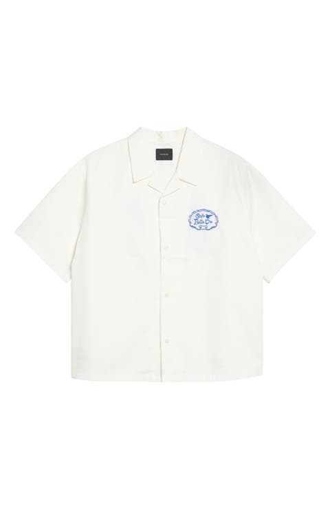 Cafe Embroidered Cotton Blend Camp Shirt