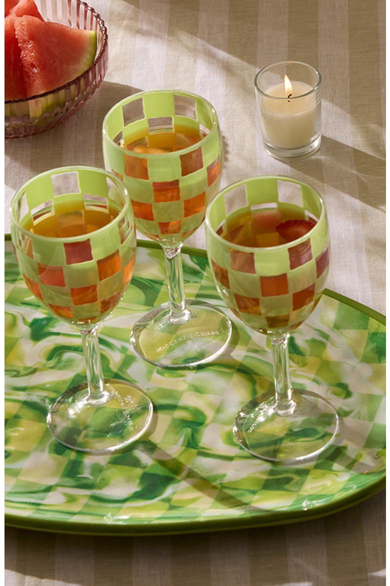 Set of 4 Green Check Acrylic Wine Goblets, Alternate, color, GREEN