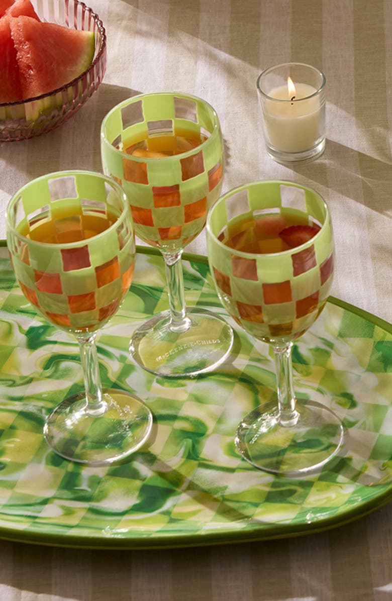 MACKENZIE CHILDS Set of 4 Green Check Acrylic Wine Goblets, Alternate, color, Green