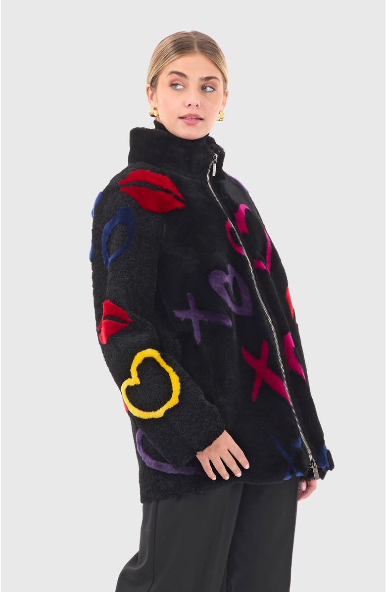 GORSKI Shearling Lamb Zip Short Jacket, Alternate, color, Black/Xo Multi