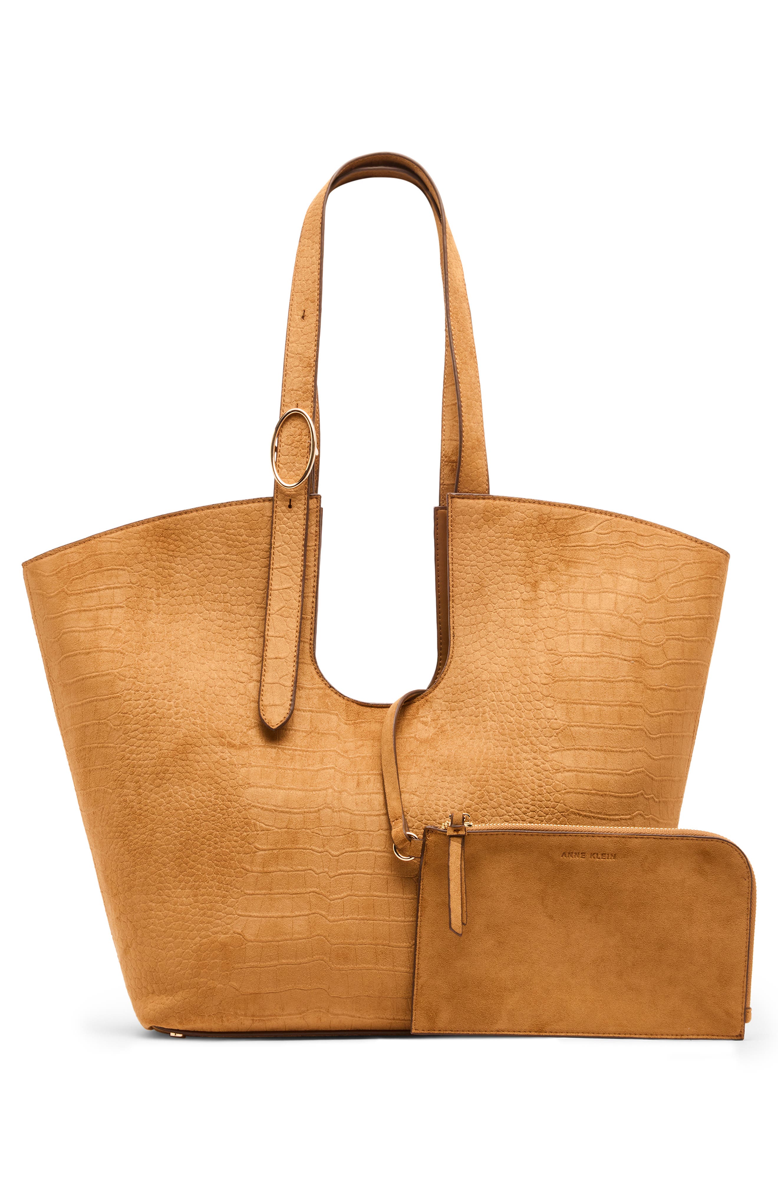 Extra Large Croc Embossed Faux Leather Tote with Pouch, Alternate, color, TAN/ TAN