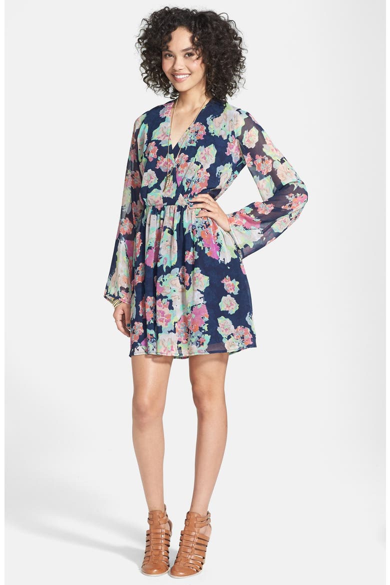 Fire Floral Print Faux Wrap Dress, Main, color, NAVY
