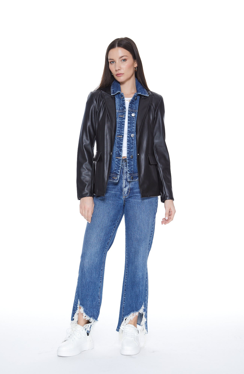 BLUE REVIVAL Helen Blazer in Black UNreal Leather, Alternate, color, Black / Monaco