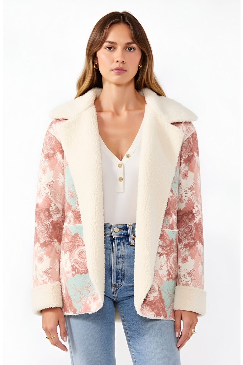 Floral Patchwork Plush Trim Oversized Hood Fleece Jacket, Main, color, Floral Patchwork
