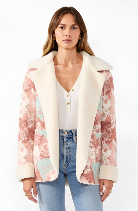 Floral Patchwork Plush Trim Oversized Hood Fleece Jacket