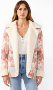 Modenaire Floral Patchwork Plush Trim Oversized Hood Fleece Jacket