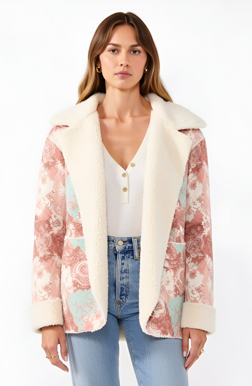 Modenaire Floral Patchwork Plush Trim Oversized Hood Fleece Jacket In Pink