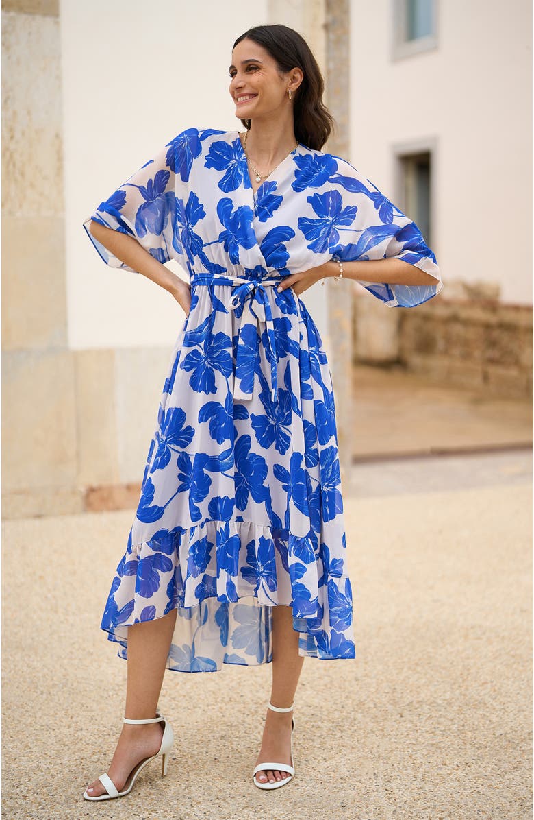 Yumi Kimono Sleeves Midi Dip Hem Wrap Dress, Alternate, color, Blue