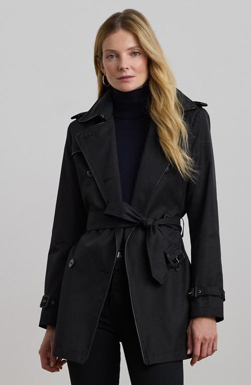 Shop Ralph Lauren Lauren  Belted Double Breasted Trench Coat With Faux Leather Trim In Black