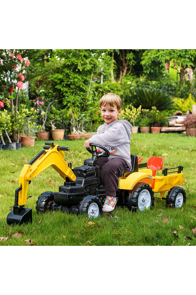 Kid's Pedal Digger Construction Car with Horn, Detachable Trailer, Alternate, color, Yellow