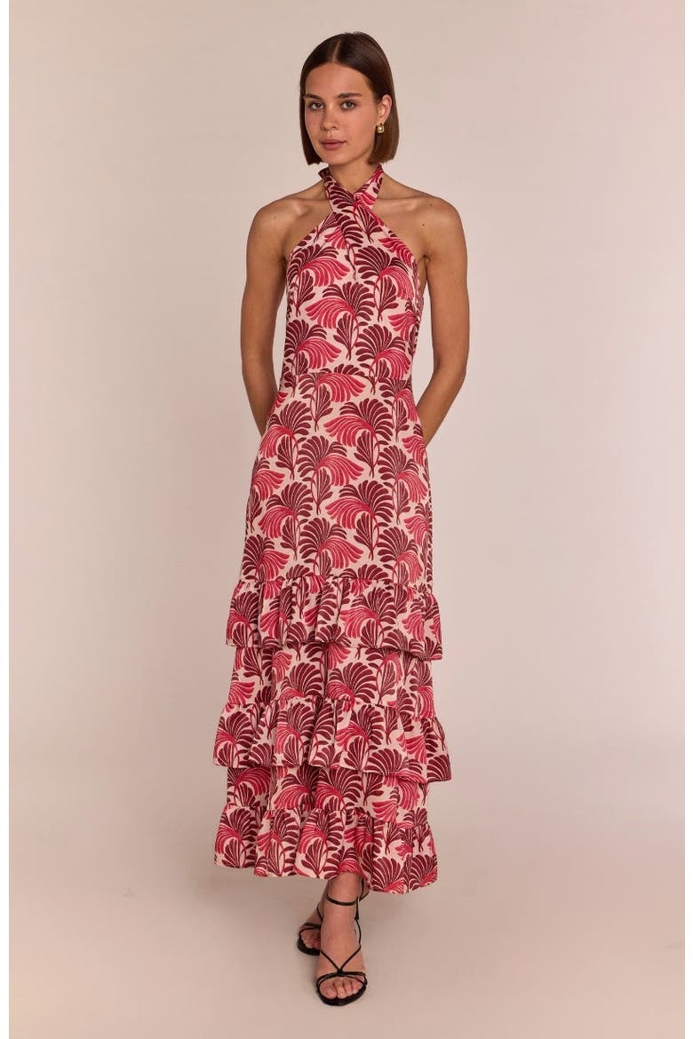 Jamie Ruffle Skirt Halter NeckDress, Alternate, color, Pink Fan Print