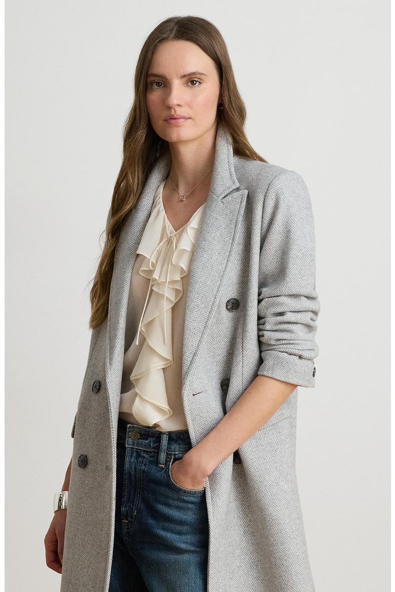 Double Breasted Wool Blend Coat, Alternate, color, CREAM/ GREY HERRINGBONE