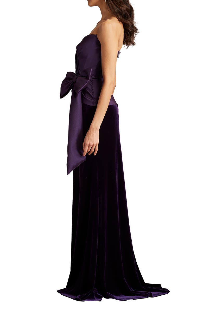 Tadashi Shoji Strapless Bow Detail Mixed Media Velvet Gown, Alternate, color,