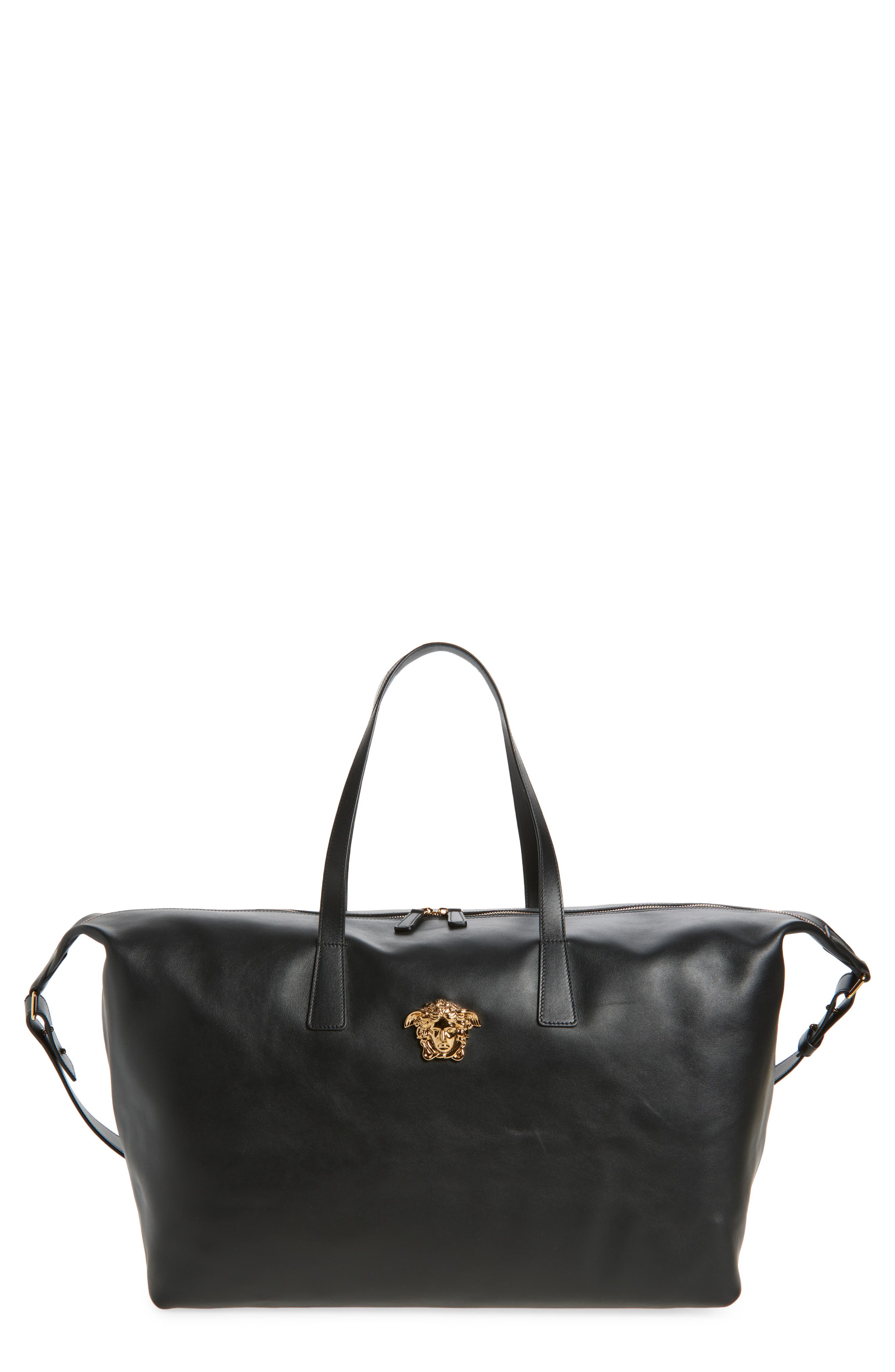 Versace La Medusa Calfskin Leather Duffle Bag, Main, color, 