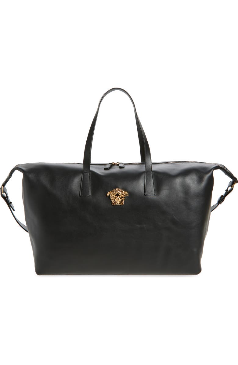 Versace La Medusa Calfskin Leather Duffle Bag, Main, color, Black-Versace Gold