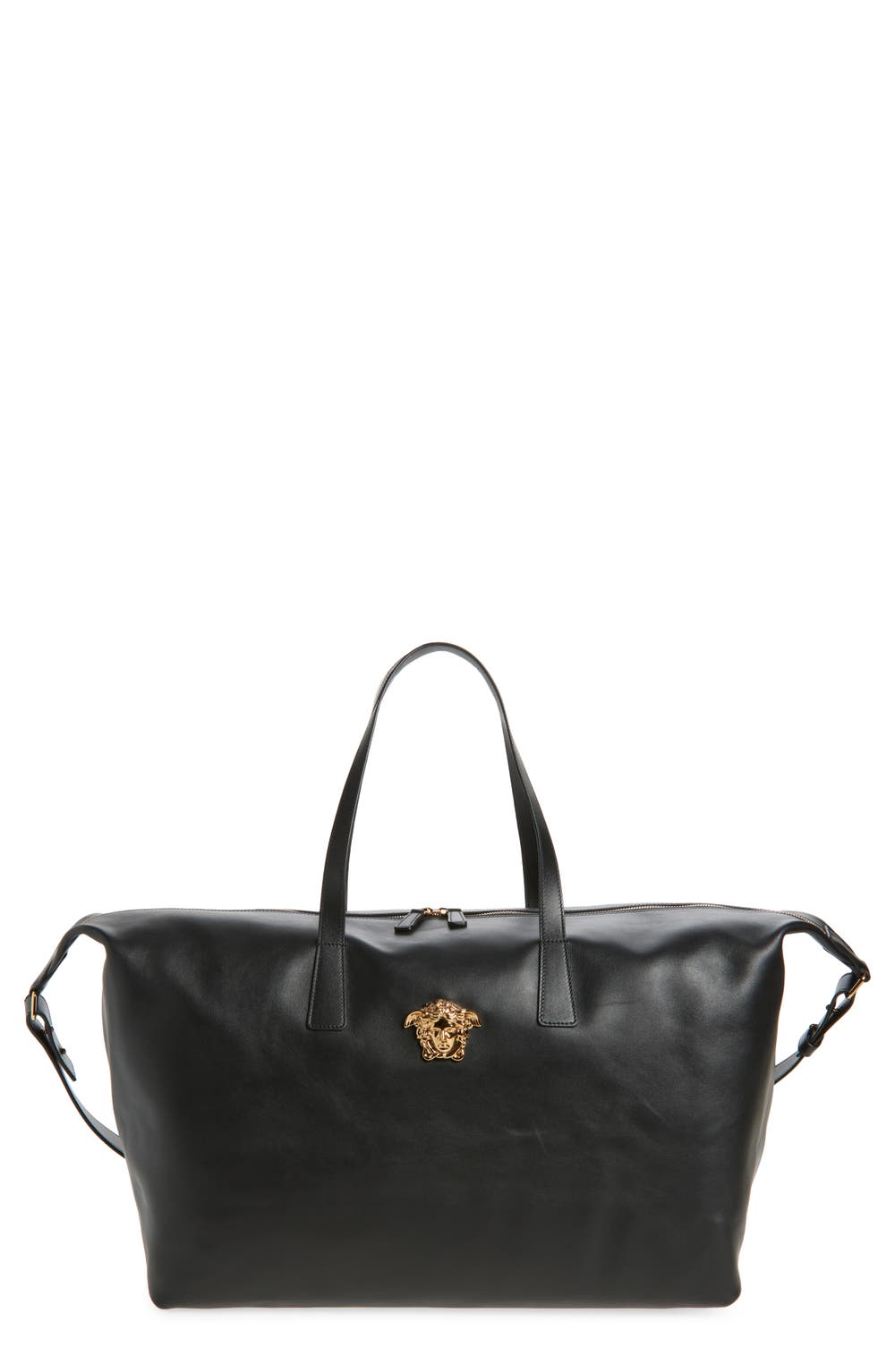 La Medusa Calfskin Leather Duffle Bag, color, BLACK-VERSACE GOLD