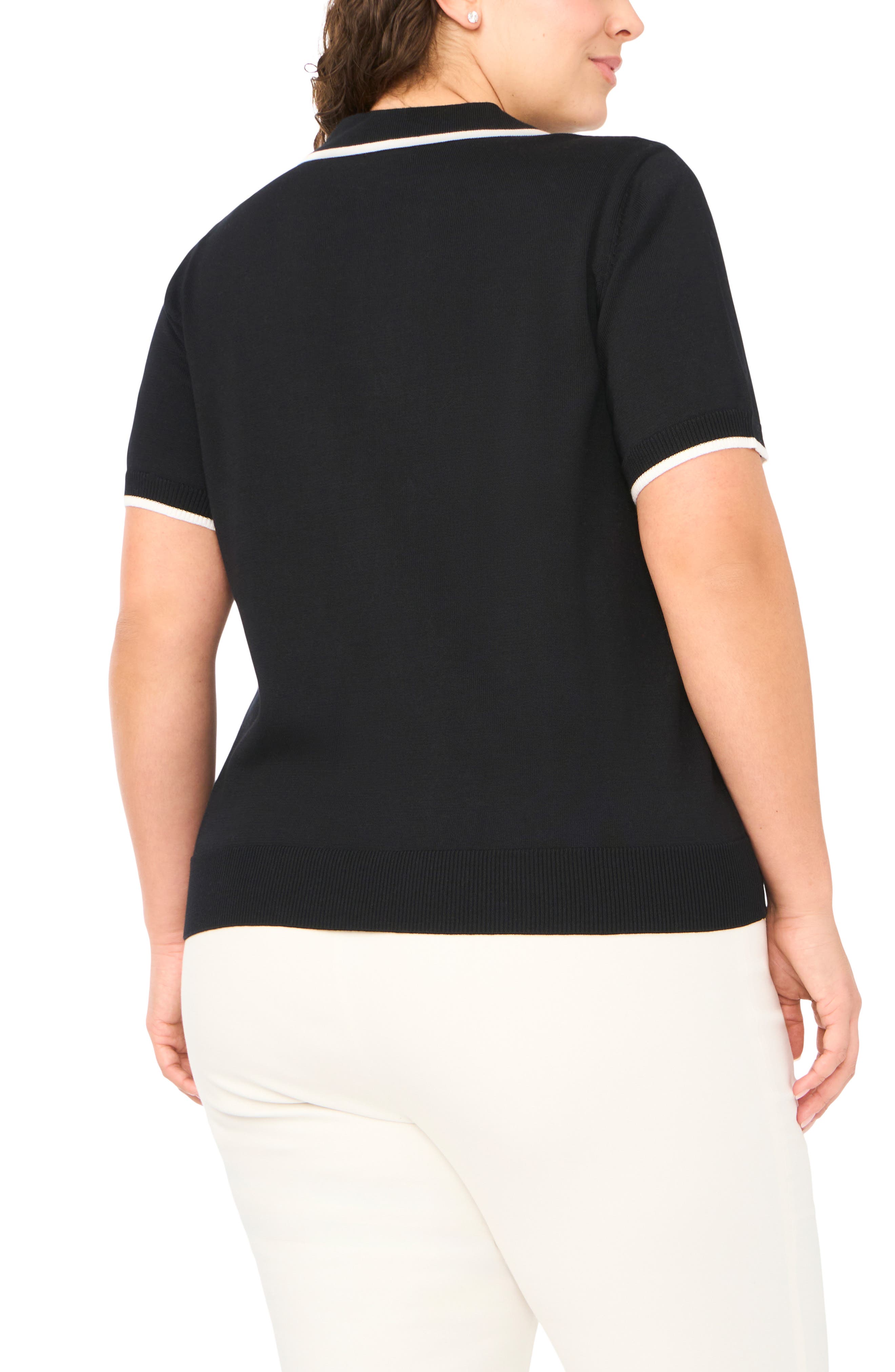 Tipped Johnny Collar Short Sleeve Sweater - image 2