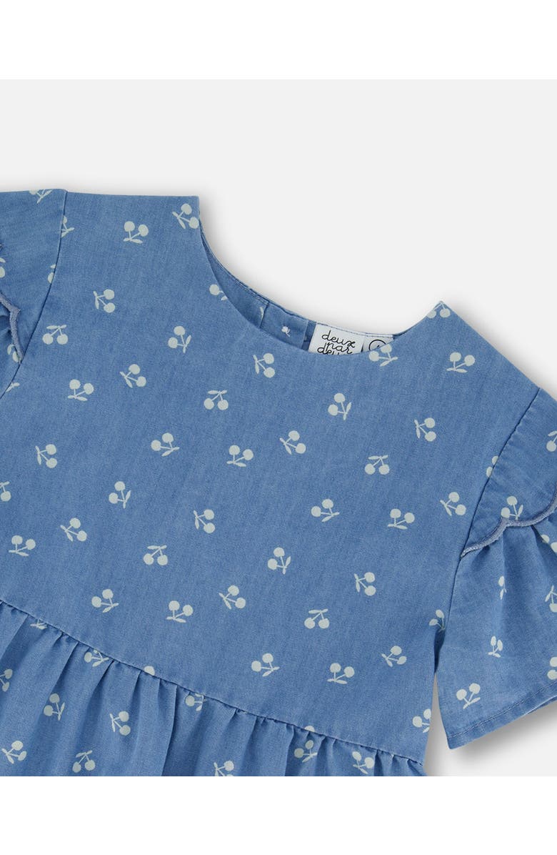 Deux par Deux Little Girl's Printed Chambray Dress Blue And White Cherries, Alternate, color,