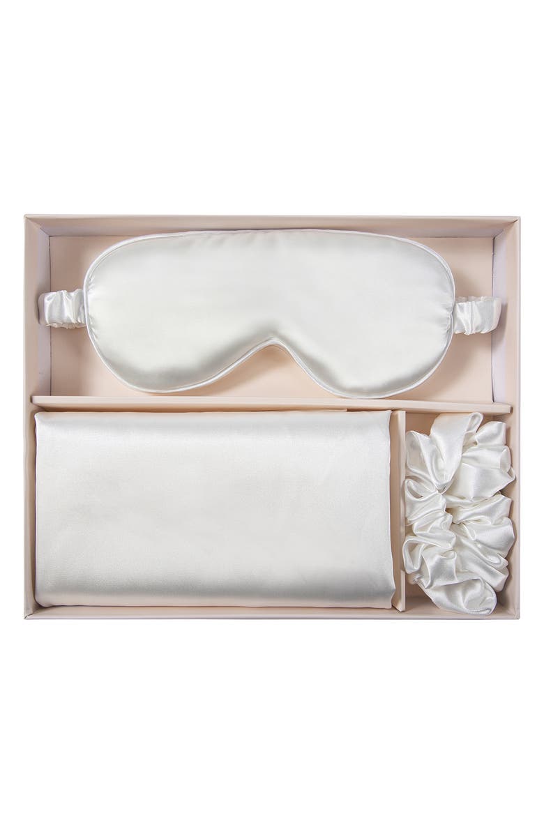 GLAMPTON Satin Pillowcase, Scrunchi & Mask Set, Alternate, color, White