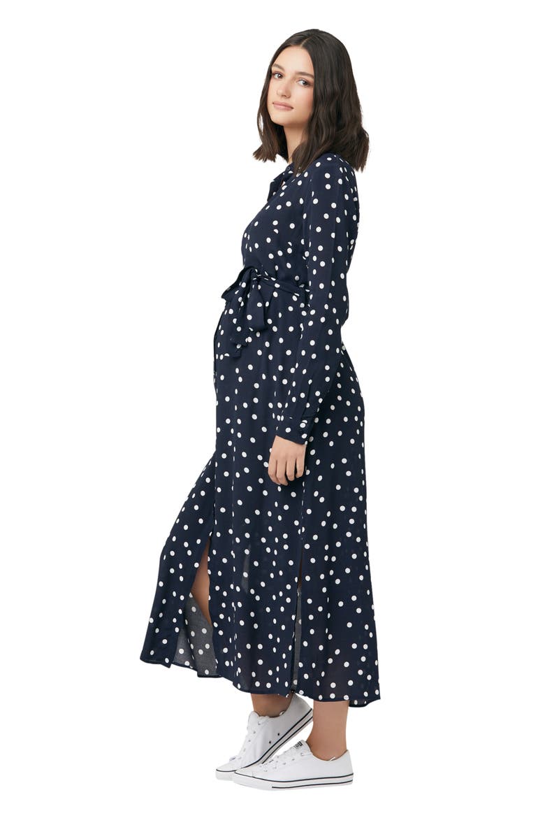 Spotted Long Sleeve Tie Waist Maternity Shirtdress, Alternate, color, NAVY