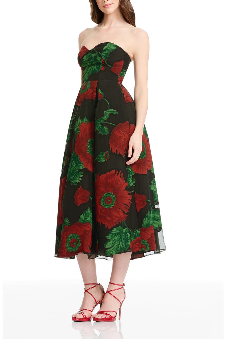 Maisy Strapless Fit & Flare Cocktail Midi Dress, Alternate, color, BLACK MULTI