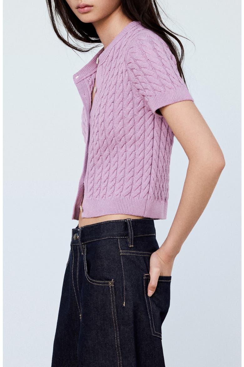 Short Sleeve Cable Stitch Cardigan, Main, color, LIGHT/PASTEL PURPLE