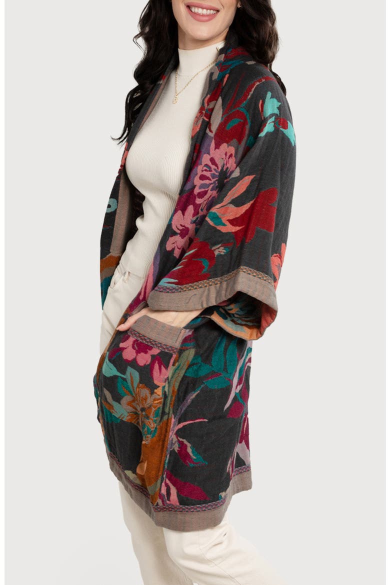 Keisha Long Floral Pattern Duster Jacket, Alternate, color, GREY/ PINK