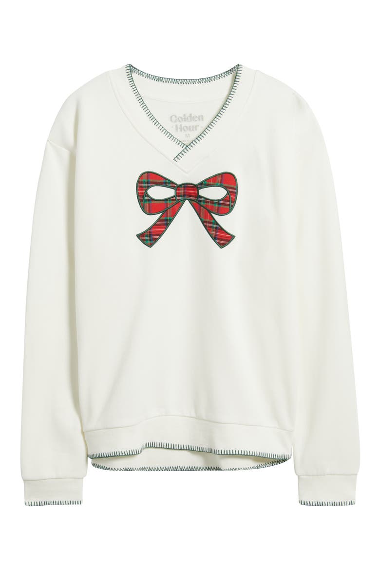 Bow Appliqué V-Neck Graphic Sweatshirt, Alternate, color, MARSHMALLOW