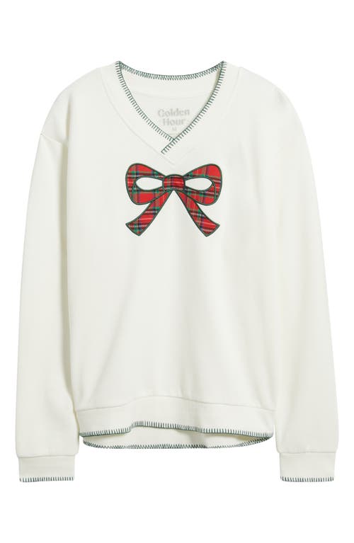 Golden Hour Bow Appliqué V-neck Graphic Sweatshirt In White