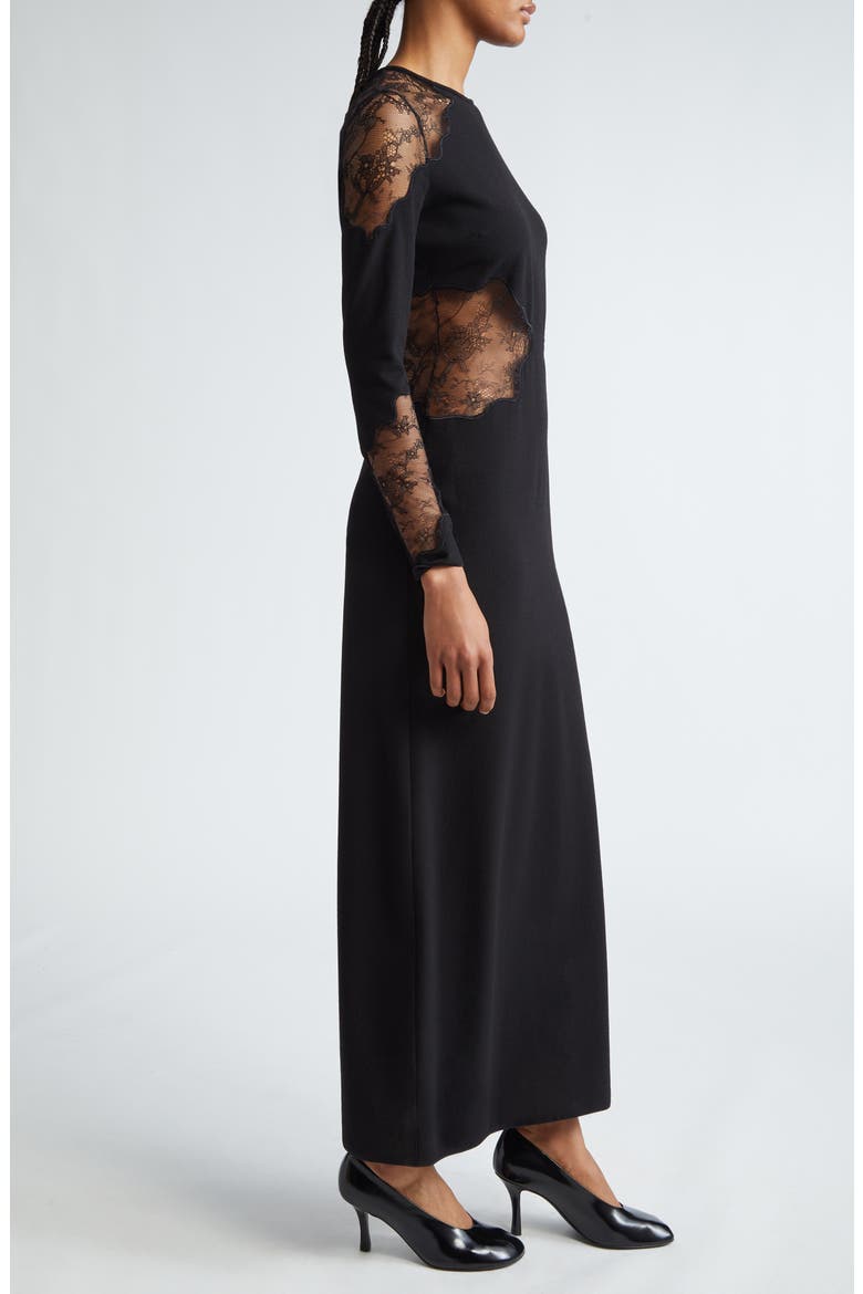 Enziana Peekaboo Lace Long Sleeve Wool Blend Crepe Dress, Alternate, color, BLACK