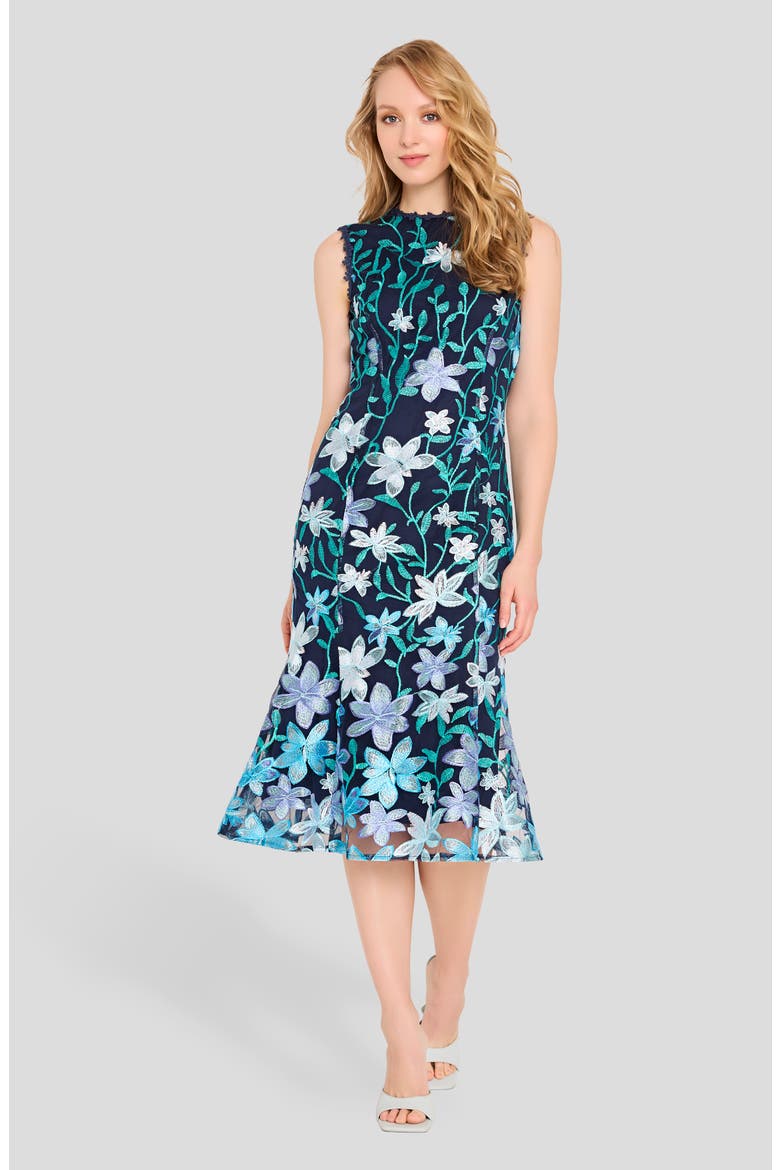 Floral Embroidered Sleeveless Midi Dress, Alternate, color, NAVY LAGOON