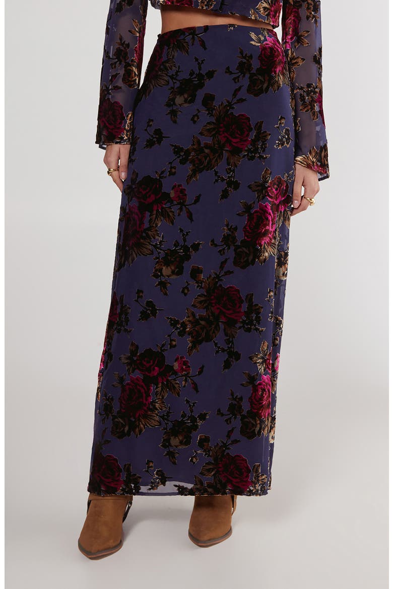 Devoré Floral Chiffon Maxi Skirt, Main, color, BLUE