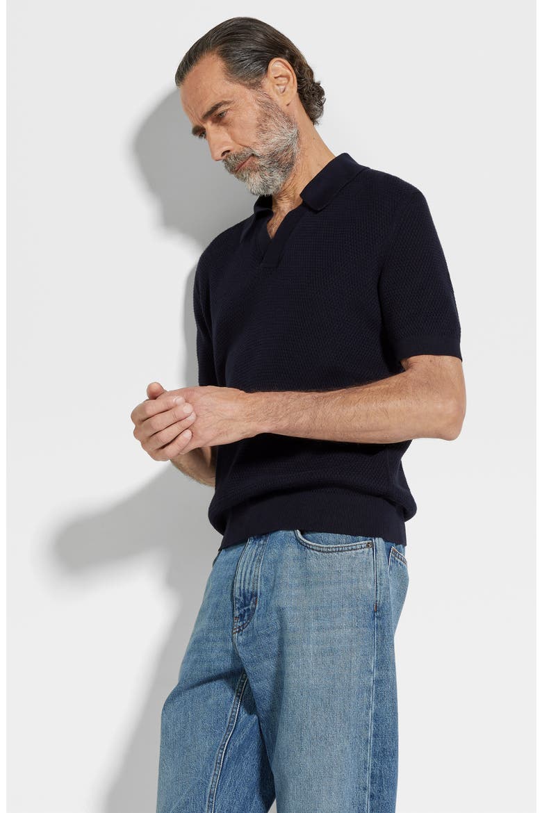 Waffle Knit Premium Cotton Polo Sweater, Alternate, color, NAVY SOLID