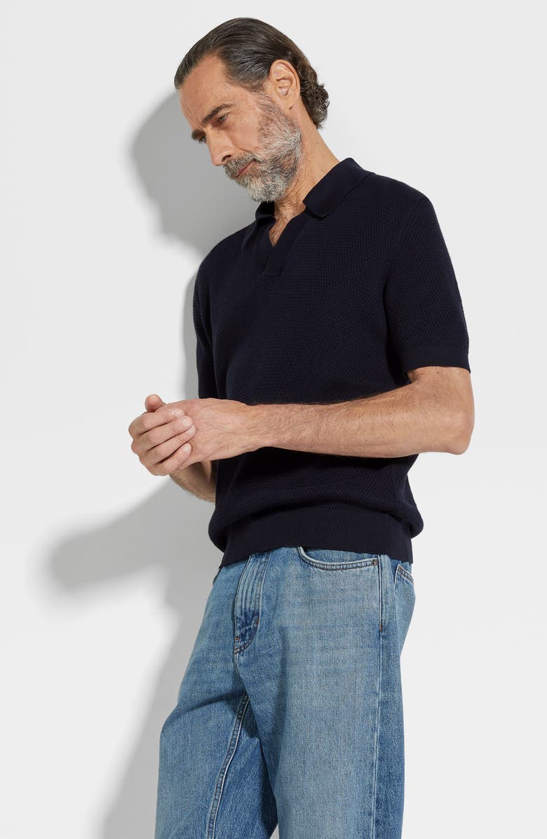 ZEGNA Waffle Knit Premium Cotton Polo Sweater, Alternate, color, Navy Solid