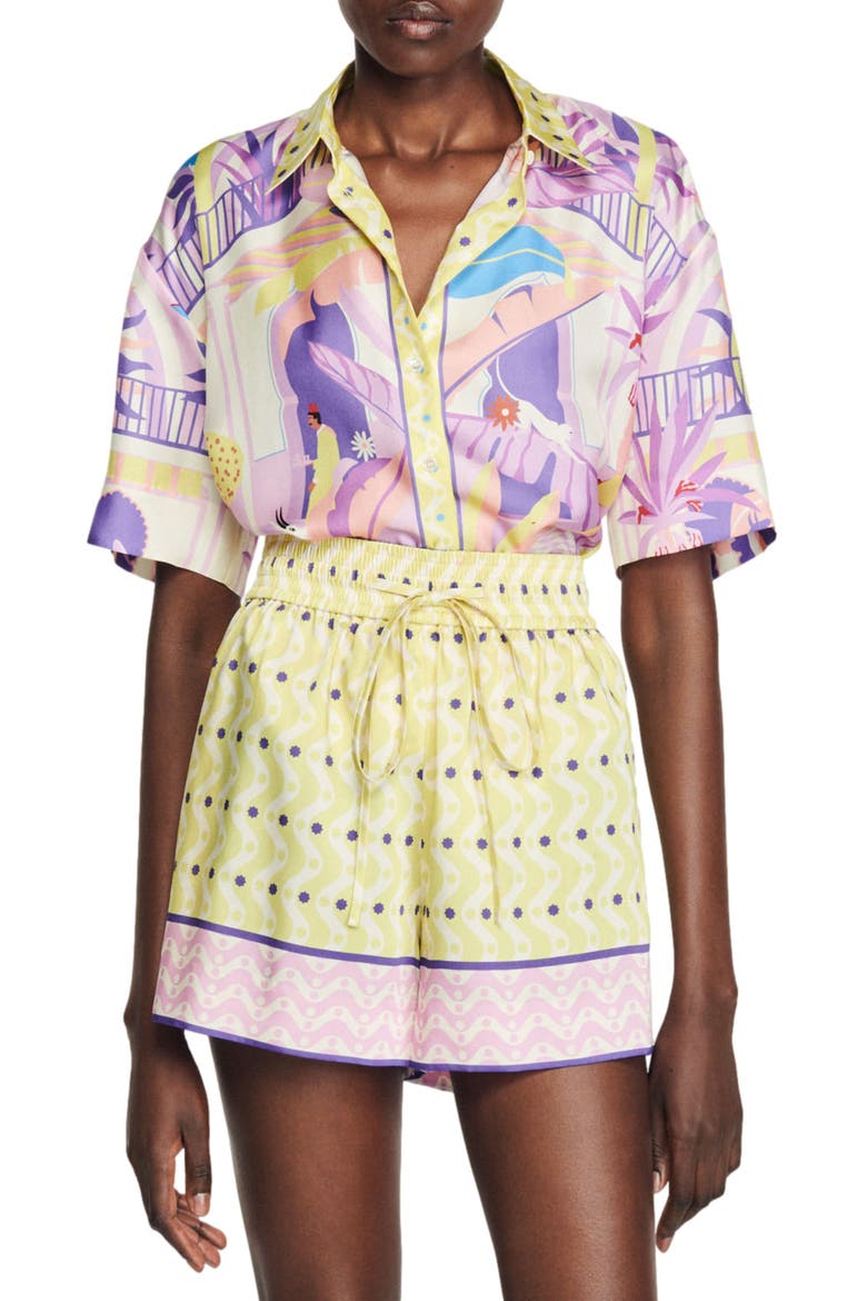Caroline Silk Button-Up Shirt, Main, color, YELLOW / PURPLE