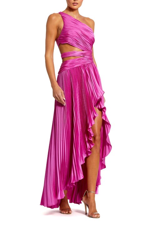 One Shoulder Pleated Charmeuse Gown with Slit