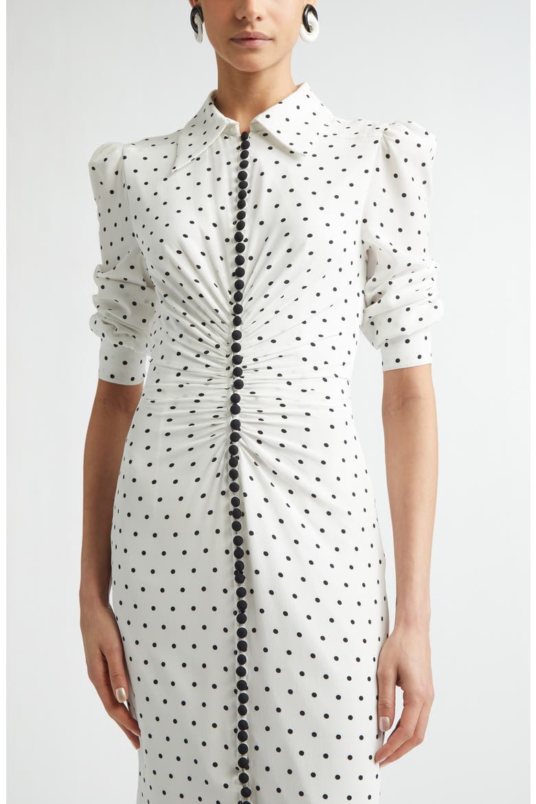 Polka Dot Fitted Ruched Silk Crêpe de Chine Shirtdress, Alternate, color, IVORY MULTI
