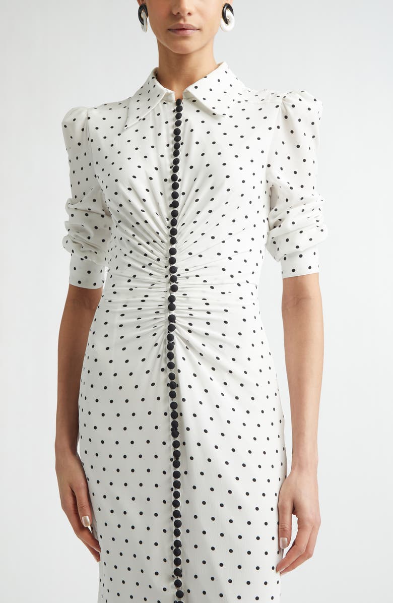 Carolina Herrera Polka Dot Fitted Ruched Silk Crêpe de Chine Shirtdress, Alternate, color, Ivory Multi
