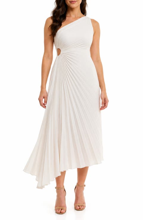 Pleated One-Shoulder Asymmetric Midi Dress