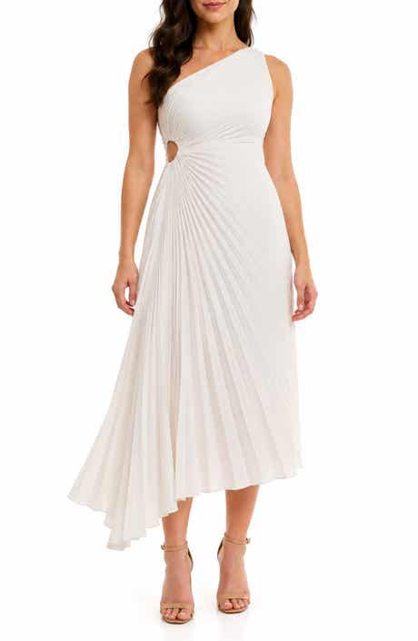Pleated One-Shoulder Asymmetric Midi Dress