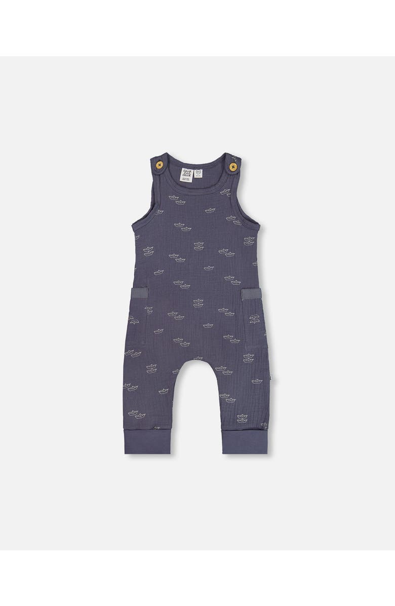 Deux par Deux Baby Boy's Printed Muslin One-Piece Jumpsuit Navy Blue Paper Boats, Main, color, 