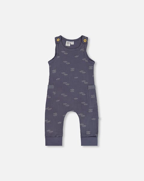 Deux Par Deux Jersey Romper - Printed Blue Sailboats