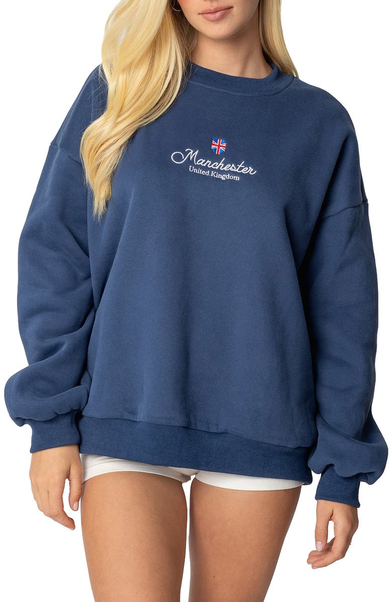 EDIKTED Manchester Embroidered Oversize Graphic Sweatshirt, Main, color, Navy