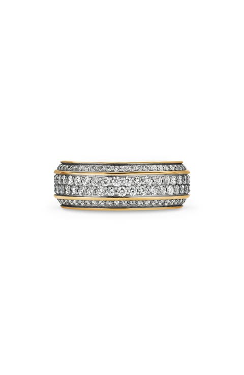 Beveled 18K Gold Band Ring with Pavé Diamonds