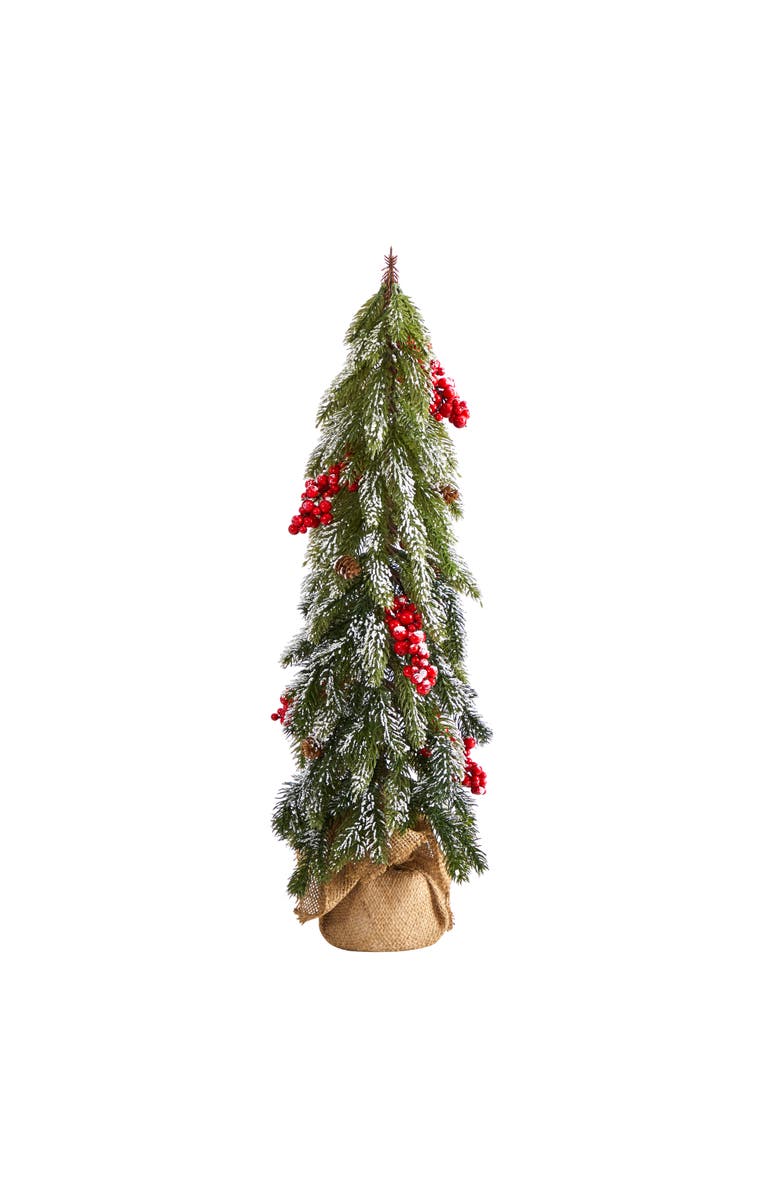 NEARLY NATURAL 24-in Flocked Christmas Artificial Tree with Berries and Pine Cones, Main, color, Green