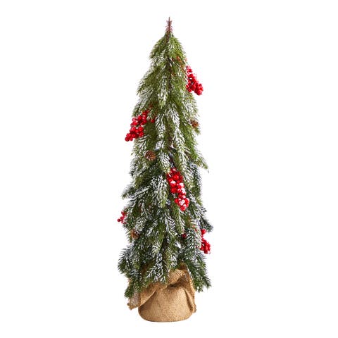 24-in Flocked Christmas Artificial Tree with Berries and Pine Cones