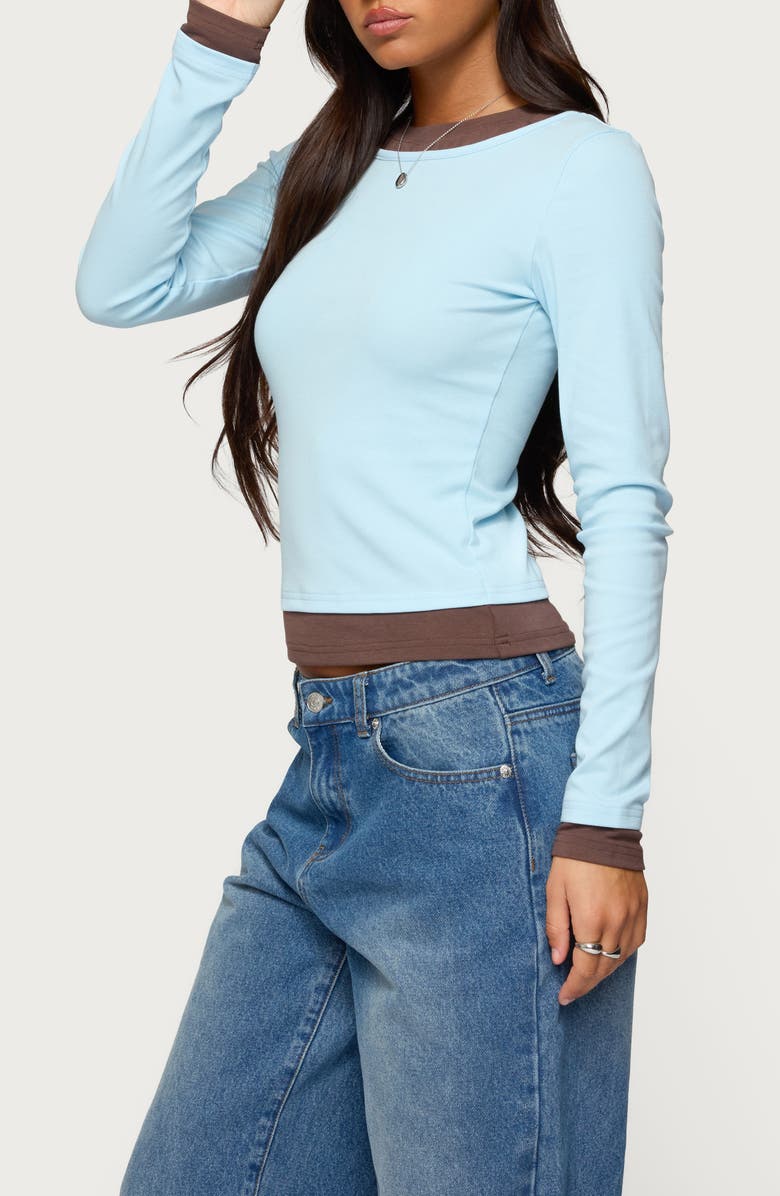 EDIKTED Layered Look Long Sleeve Stretch Cotton Top, Alternate, color, Light-Blue